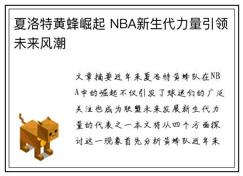 夏洛特黄蜂崛起 NBA新生代力量引领未来风潮